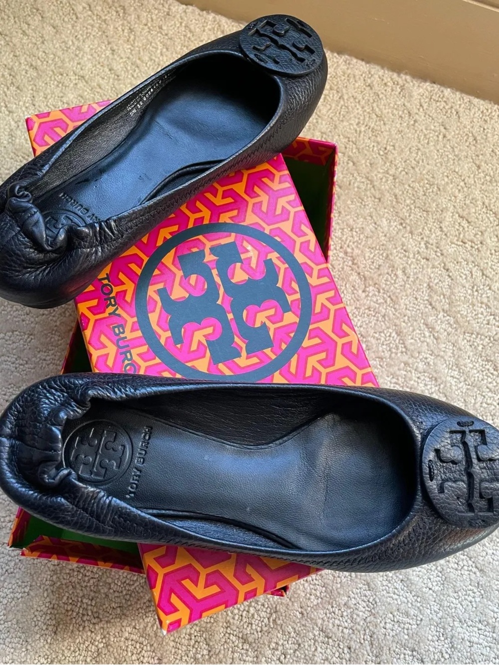 Tory Burch Black Leather Logo Ballet Flats